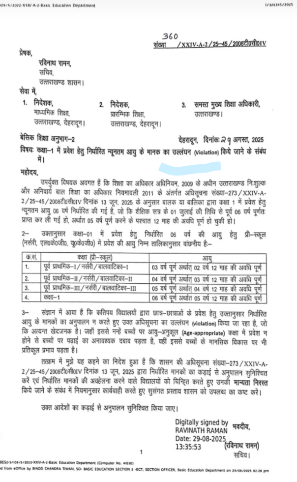 कक्षा-1 में प्रवेश के लिए न्यूनतम आयु 6 वर्ष अनिवार्य