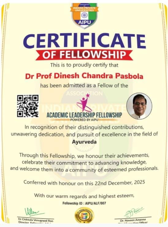दो चिकित्सा अधिकारियों को मिली “फेलोशिप इन आयुर्वेद (FAIPU)
